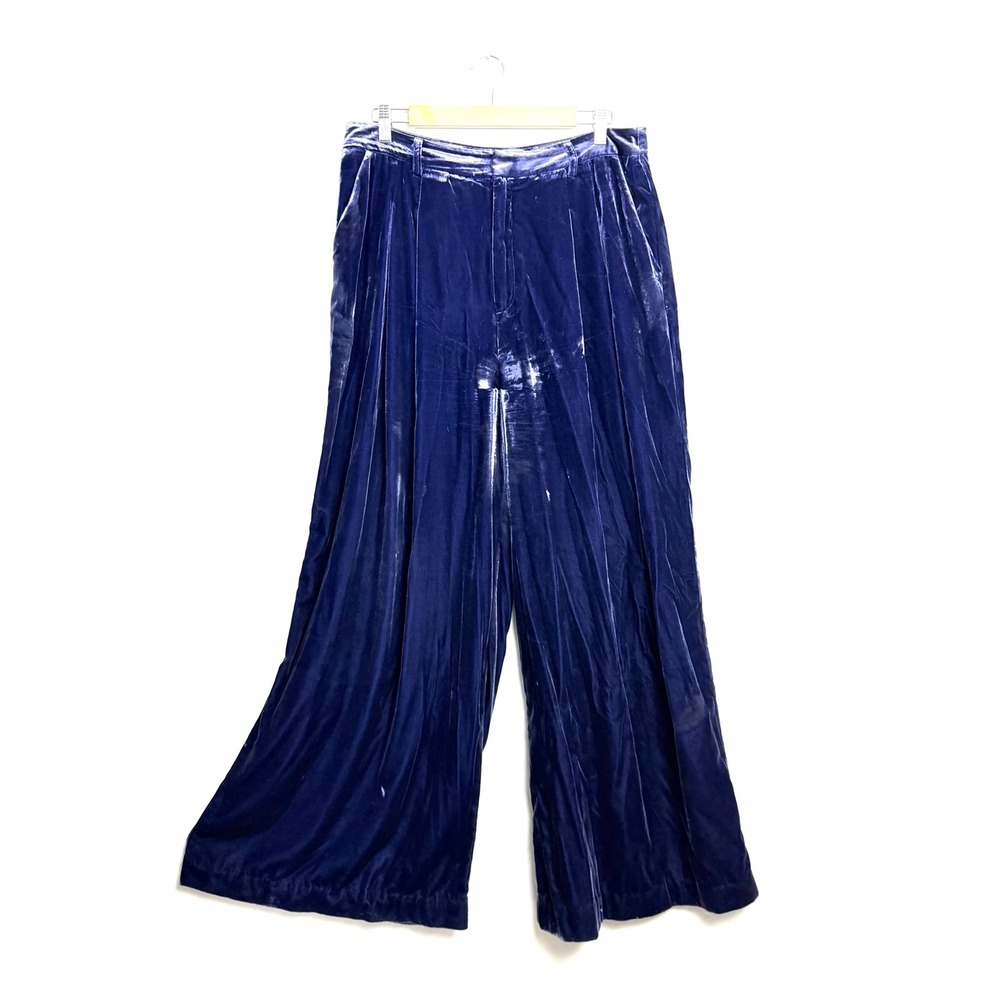 Maeve Anthropologie Navy Blue Velvet Wide Leg Pleated Pants Size 12 Womens